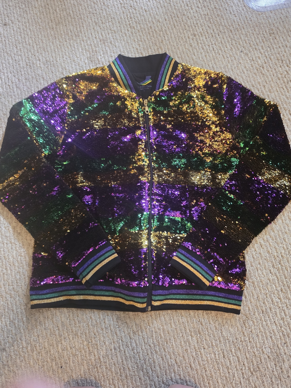 Mardi Gras Sequin Bomber Jacket in Purple, Green & Gold